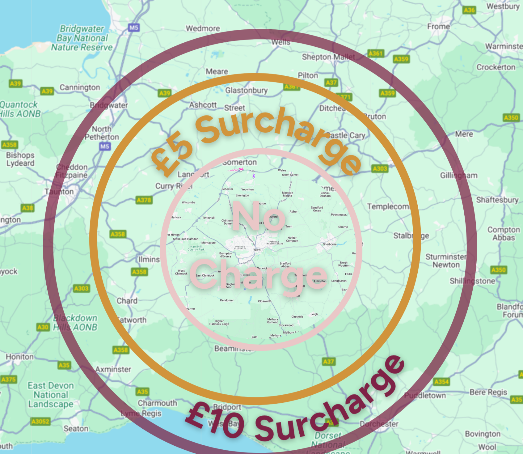 Map of Somerset and Dorset marking the areas I cover, including Yeovil, Taunton, Dorchester, Sherborne, Chard, Crewkerne, Glastonbury, Somerston and Wells including many other south somerset villages and towns
